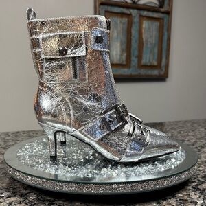 Silver Ankle Boots with Buckle Detail